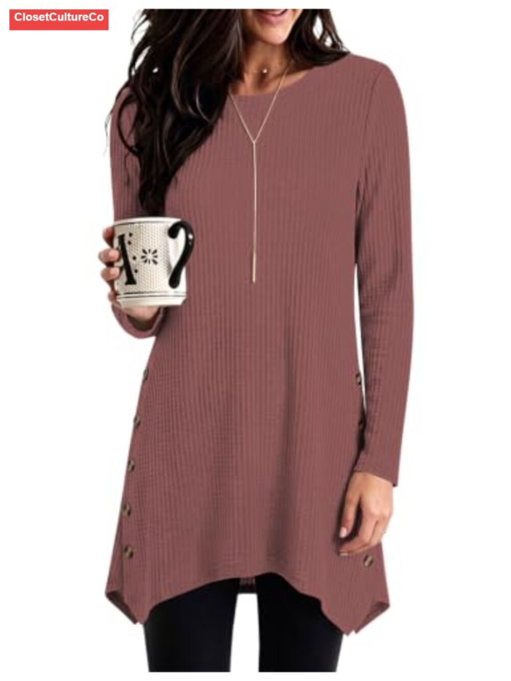 Waffle Knit Hi Lo Tunic Long Sleeve Side Button Loose Fit Top